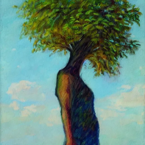 Prompt: An impressionist oil painting of a human with a tree growing out of the top of the head