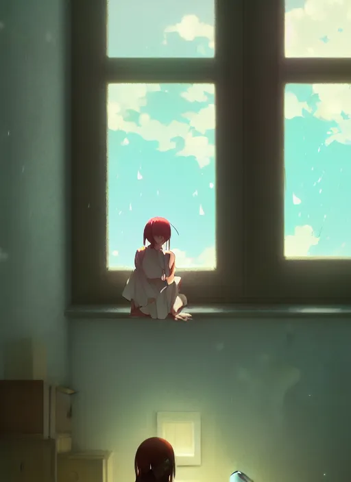 Image similar to girl near the window, rainy outside, illustration concept art anime key visual trending pixiv fanbox by wlop and greg rutkowski and makoto shinkai and studio ghibli