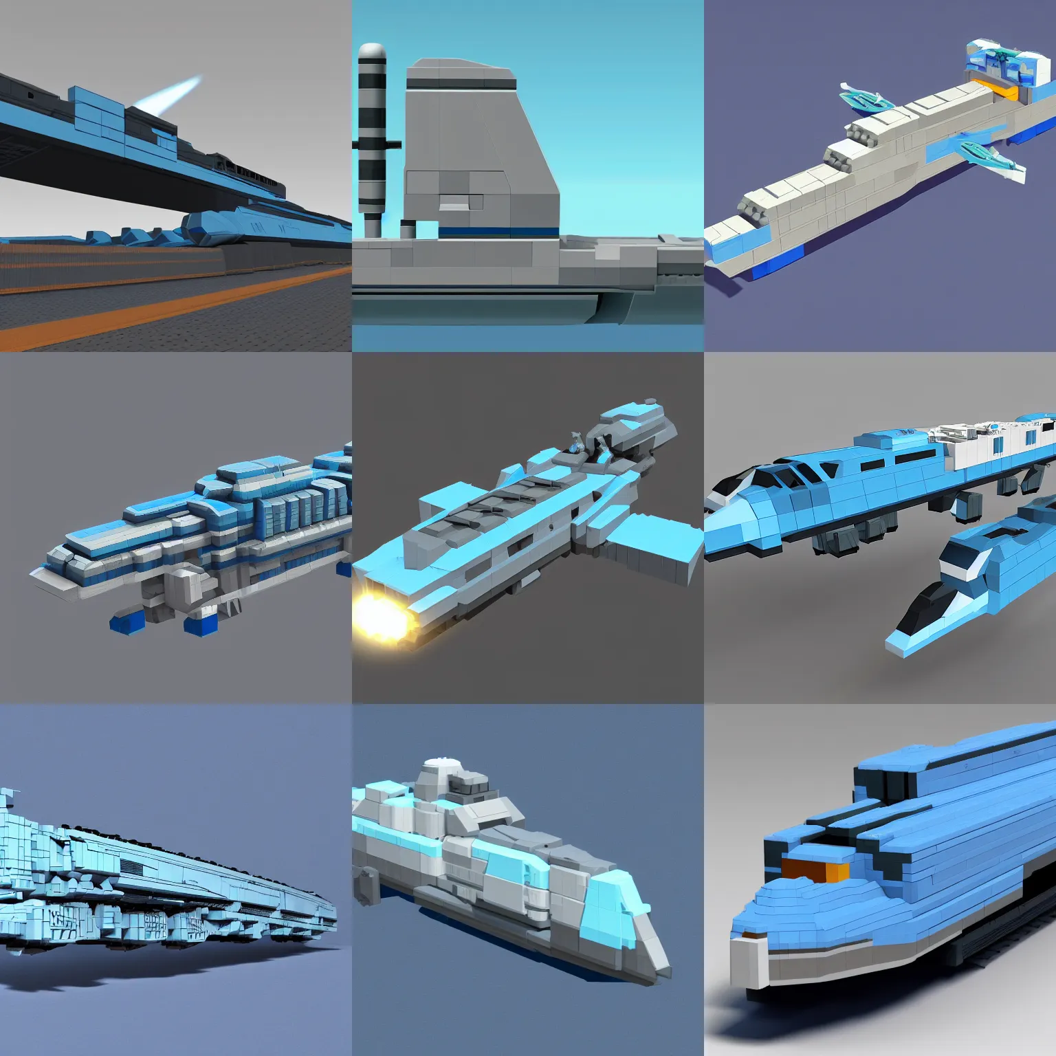 Prompt: long, blocky, cargo starship with light blue engines