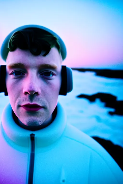 Prompt: high quality pastel coloured film wide angle selfie photograph of an male cyber boy standing in an icelandic black rock environment. three point light. photographic. art directed. pastel colours. volumetric light. stark. waves glitch. 8 k. filmic.