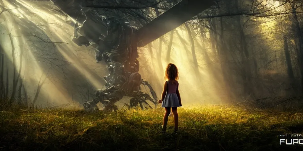 Image similar to sci - fi scene future new york, little girl holding a hand of a big robot, forest punk, crepuscular rays, epic scene, hyper realistic, photo realistic, overgrowth, cinematic atmosphere, ethereal lighting,