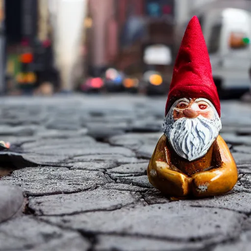 Image similar to street photograph of a broken ceramic garden gnome in new york city on a busy day. 8k resolution.