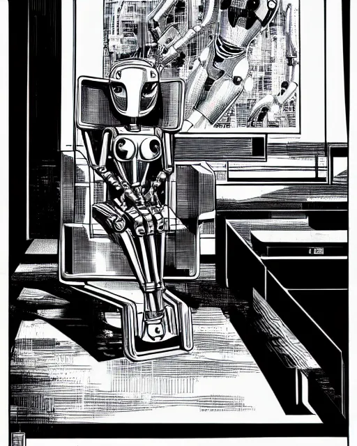 Image similar to robot wearing highly detailed hyperrealism neofuturistic cyberpunk neuralinterface is sitting on a chair, by wally wood and moebius