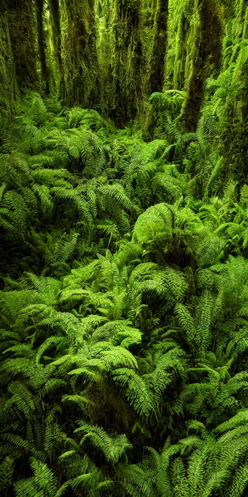 Image similar to a hyper realistic photograph fertile, lush mossy canyon, ferns, minimalist structure, misty, raining, in the style of reuben wu, roger deakins