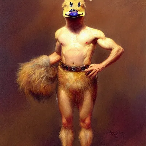 Prompt: a portrait of a furry duck wearing a tshirt and pants, hairy, furry body, furry chest, furry arms, furry legs, tail. highly detailed painting by gaston bussiere, craig mullins, j. c. leyendecker, furry