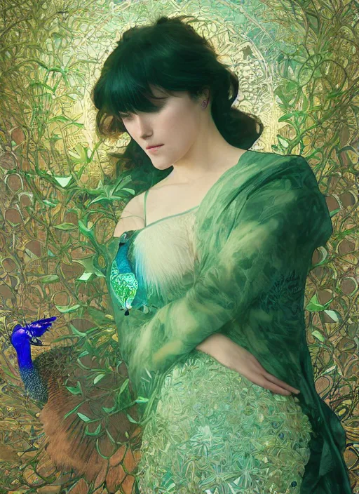 Prompt: portrait of old woman, peacocks, green spike aura in motion, floating pieces, painted art by tsuyoshi nagano, greg rutkowski, artgerm, alphonse mucha, spike painting