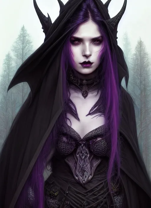 Image similar to frontal portrait dark witch, adventurer outfit large cloak, fantasy forest landscape, dragon scales, fantasy magic, undercut hairstyle, witch purple black fade hair, dark light night, intricate, elegant, sharp focus, illustration, highly detailed, digital painting, concept art, matte, art by wlop and artgerm and greg rutkowski and alphonse mucha, masterpiece
