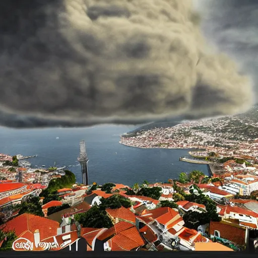 Image similar to king kong destroying funchal's city bay near the streets view from below under the clouds, trampled, by caio fantinim, trending on artstation, award winning, 3 d render