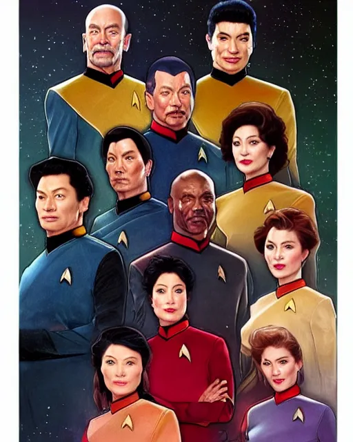 Image similar to Portrait of Star Trek TNG cast but they are chinese, real life skin, intricate, elegant, highly detailed, artstation, concept art, smooth, sharp focus, art by artgerm and greg rutkowski and alphonse mucha