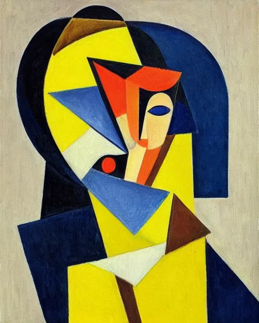 Prompt: a painting of a person with a yellow background, a cubist painting by andre lhote, behance, cubism, cubism, picasso, constructivism