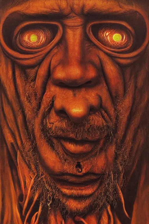 Image similar to ascii, hyperrealism oil painting, close - up portrait of a scary ai weiwei with ten eyes and mandibles, in style of baroque zdzislaw beksinski