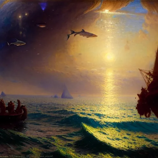 Image similar to point of view of deep in the ocean looking up, you see fishes, higher the milk way, night time, midnight. highly detailed painting by gaston bussiere, greg rutkowski 8 k