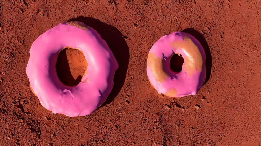 Image similar to giant donut with pink glaze on mars, sunlight, f - stop, high quality photography,