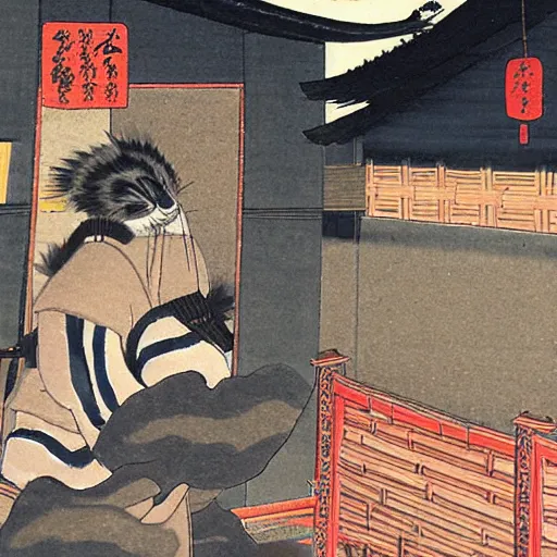 Prompt: Japanese painting of a Nekomata. Villagers are building a tori gate to honor the Nekomata.