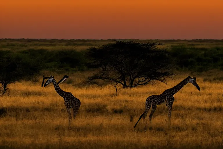 Prompt: a National Geographic nature photography of a horizon at the savanna, the sun just went under, several silhouettes of giraffes are poking their neck out