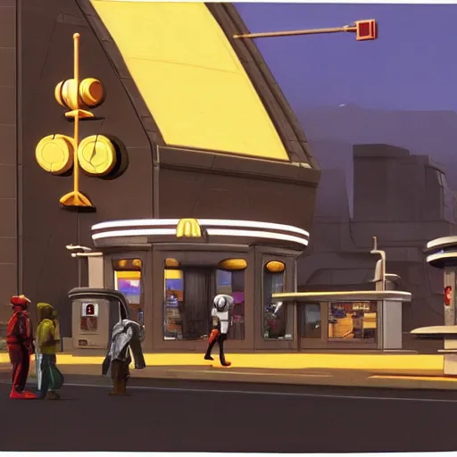 Image similar to intricately detailed ralph mcquarrie concept art of a futuristic mcdonalds with the golden arches displayed. a space station is seen off in the distance with various droids and people walking in the foreground. a trooper is seen holding a brown mcdonalds bag.