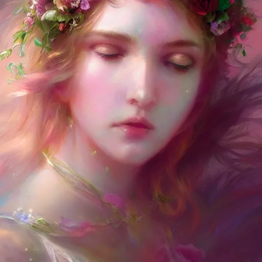 Image similar to flower goddess, pastel colors, pearlescent, fantasy, featured on artstation, in the style of daniel gerhartz and krenz cushart, Alexis Franklin, Thomas River, WLOP, Artgerm