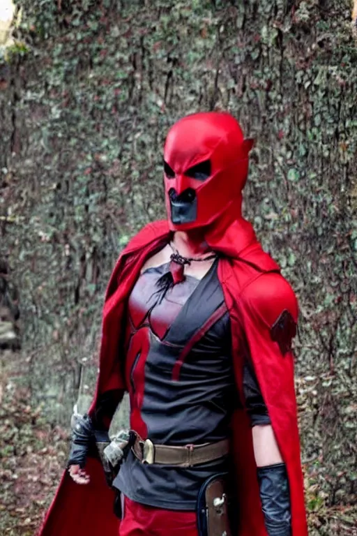 Image similar to red hood cosplay, creepy, disturbing