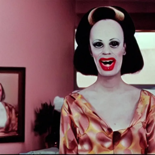 Image similar to Still from a John Waters film about a woman and an anthropomorphic tooth, color 1970