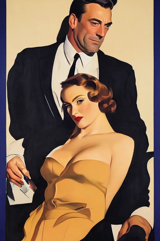 Prompt: portrait of jon hamm by leyendecker and tamara de lempicka at the french riviera 1 9 6 0