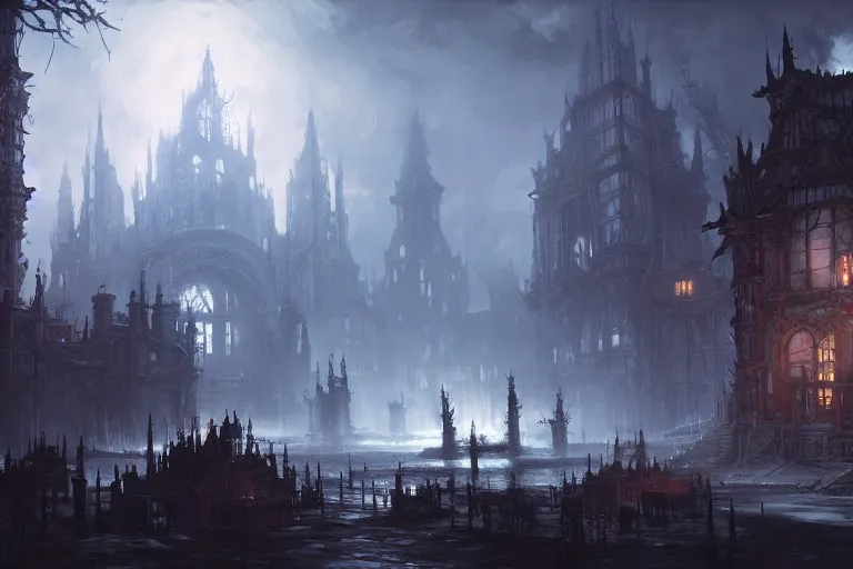 Image similar to collaborative environment concept art by Tyler Edlin, Andy Park, Feng Zhu, James Paick, Ryan Church, in the style of Bloodborne