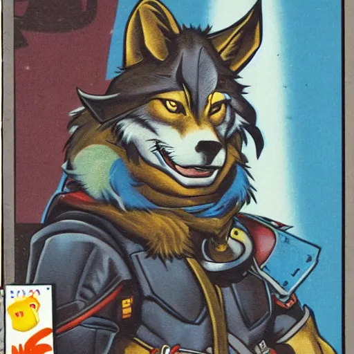 Image similar to 1 9 8 0 s video game art of anthropomorphic wolf o'donnell from starfox fursona furry wolf in a dark space mercenary uniform, looking heroic, magazine scan, 8 0 s game box art, dark grey wolf o'donnell