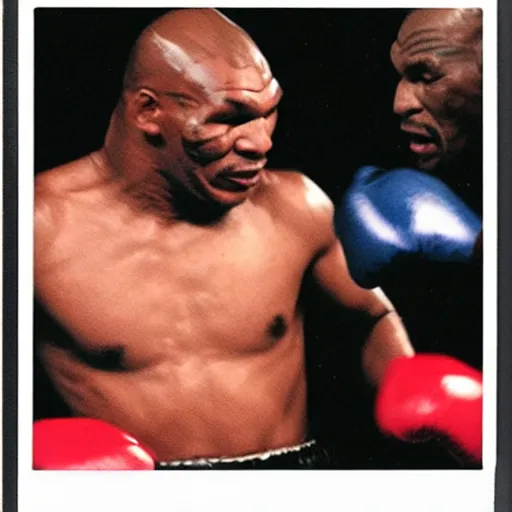 Prompt: polaroid image of mike tyson fighting a xenomorph in a boxing ring