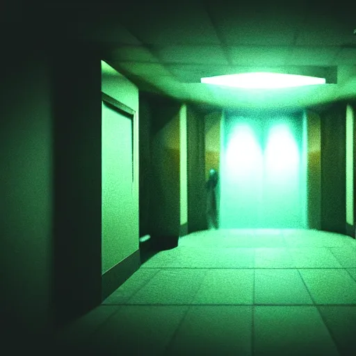 Image similar to Creepy Elevator, Volumetric Lighting, Anamorpic Lens, Cinematic Lighting, Hyperrealistic Rendering, Hyperdetailed, Intricate Details, Dynamic Lights, Raytracing