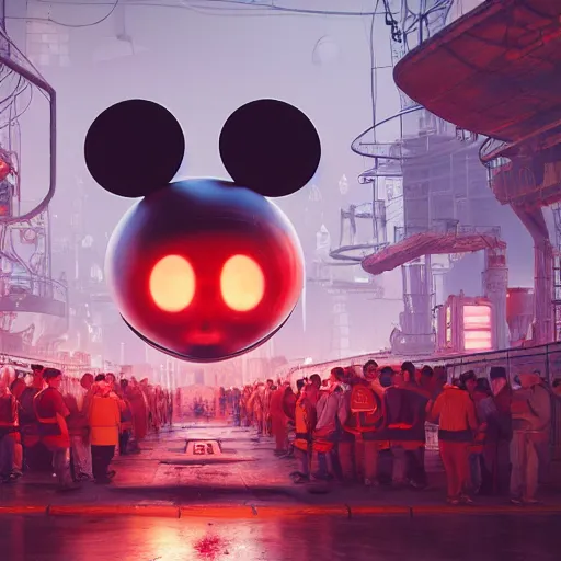 Image similar to a giant mickey mouse head, factory floor, surrounded by factory workers, octane render, cgstation, 3 d render, very detailed, mindblowing, blood and guts, gritty, cyberpunk, cinematic lighting, hyper realism