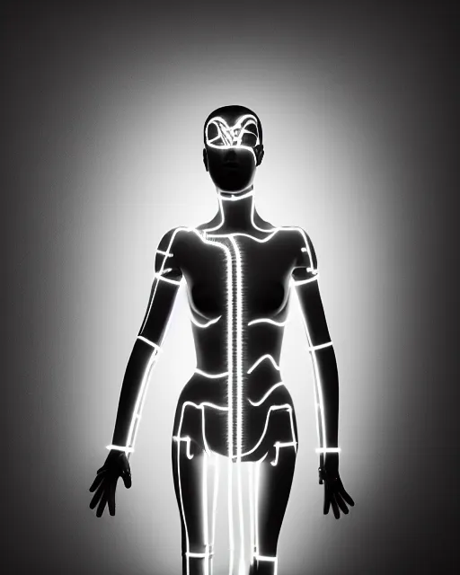 Image similar to black and white artistic photo, full figure, young female cyborg - plant, microchip, artificial intelligence, bio - mechanical bio - luminescence, black wired cables, cinematic, rim light, photo - realistic, 8 k