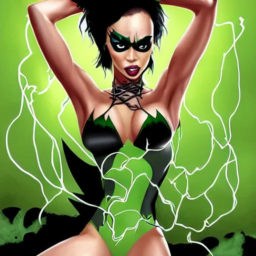 Prompt: Digital Painting of Brittany Renner as Poison Ivy binding Batman played by Michael B. Jordan with vines :9, Marijuana, Smoke, 50 shades, accentuated hips, Smoking, Matte Painting, Rude, lewd, riske, Vibrant, Epic Level of Detail, Arte Lowbrow style, The Birth of Rockin jelly Bean book, :6, by James gilleard + Rockin Jelly Bean + frank frazetta + ilya repin, :9 detailed face: 8