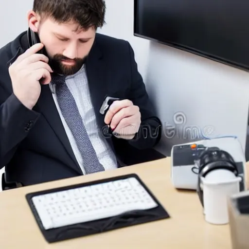 Prompt: A networking engineer passed out on their desk is tasked with another dead end support call on the phone, Stock Photo, Canon EOS R3, f/1.4, ISO 200, 1/160s, 8K, RAW, unedited, symmetrical balance, in-frame