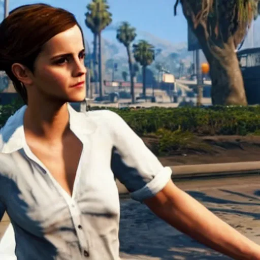 Image similar to Emma Watson spilling a soda on her white shirt in GTA 5.