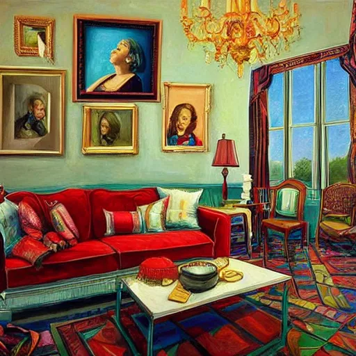 Prompt: a surreal, very very detailed painting of a living room where the floor, the walls, and everything else covered in hillary clinton's face