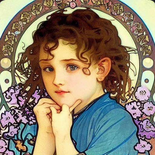 Image similar to art nouveau painting by Alphonse Mucha of a little girl with curly brown hair, blue eyes and a cute cherubic round face. She is framed by flowers. Soft, muted colors, dreamy aesthetic.