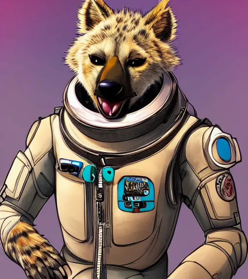 Image similar to full body digital artwork of furry female hyena, in style of zootopia, fursona, furry, furaffinity, deviantart, wearing astronaut outfit, floating in space, detailed face, style of artgerm,