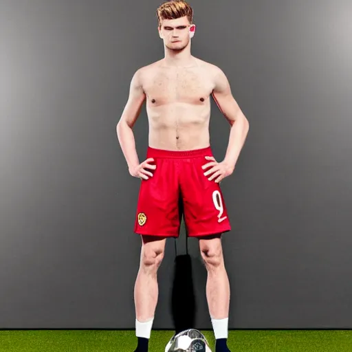 Image similar to a realistic detailed photo of a guy who is an attractive humanoid who is half robot and half humanoid, who is a male android, soccer player timo werner, shiny skin, posing like a statue, blank stare, in a living room, on display, showing off his muscles, with a twin