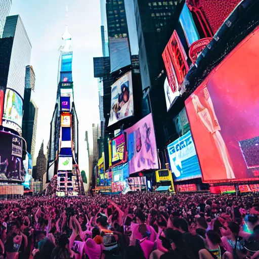 Image similar to dj marshmello working out in times square, realistic, highly detailed