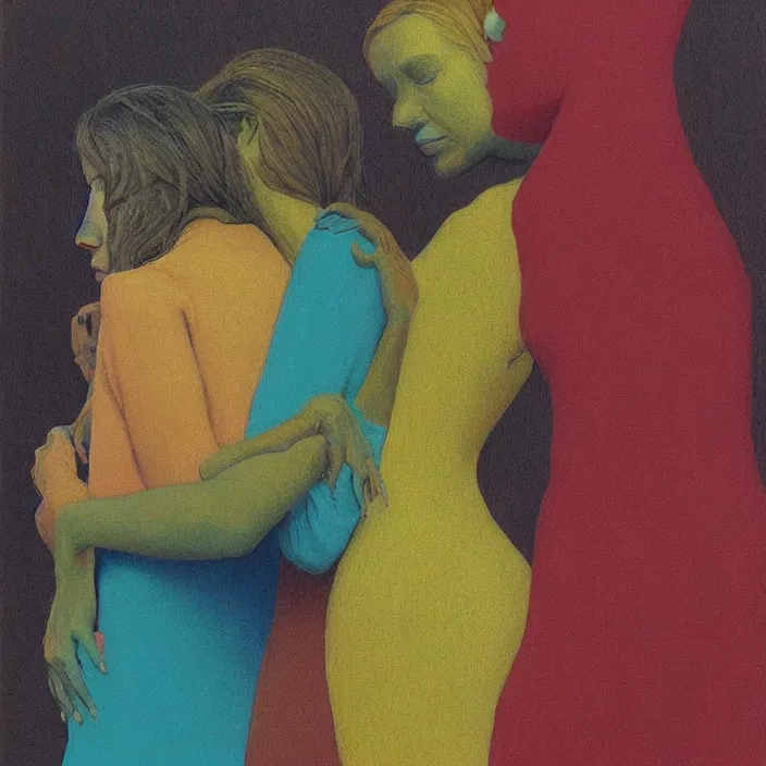 Image similar to portrait of women made of colorful threads hugging Edward Hopper and James Gilleard, Zdzislaw Beksinski, highly detailed