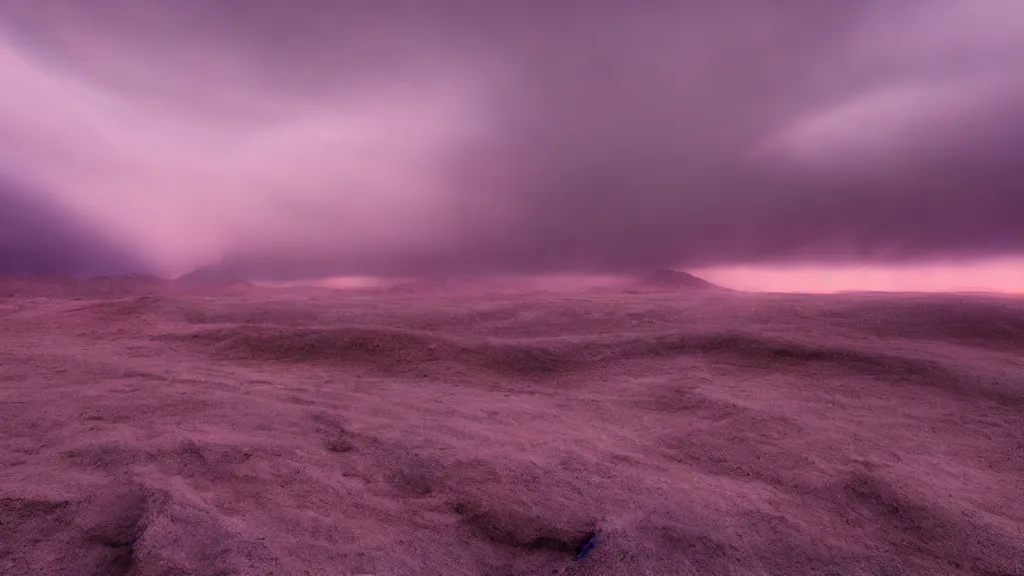 Image similar to soft glow pink desert with snow mountains and cloudy skies, purple fog, thunderstorms in the distance, long exposure, detailed, hyper realistic, photorealism, landscape, ultra wide angle view, peaceful, cinematic, volumetric lighting, god ray through clouds, disturbance