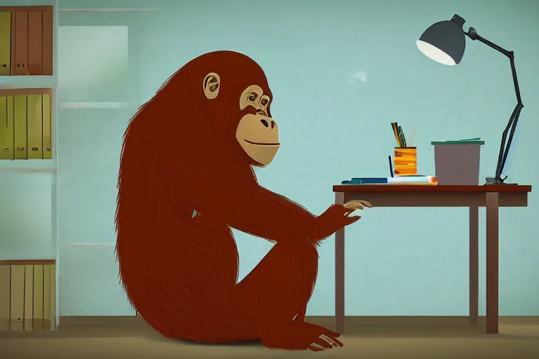 Image similar to lofi girl orangutan chilling at a desk in bedroom, cartoonish, serene