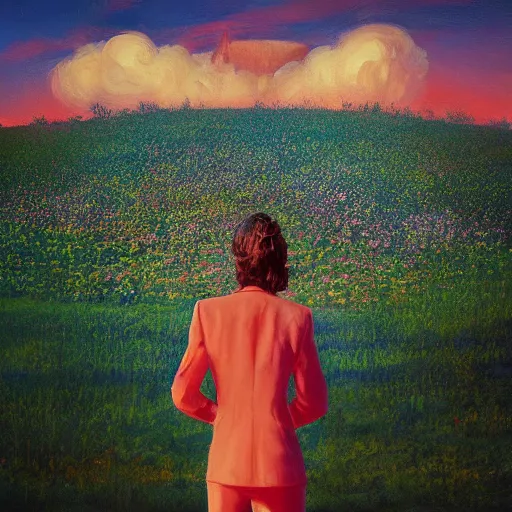 Image similar to closeup, giant rose flower head, frontal, girl in a suit, surreal photography, sunrise, blue sky, dramatic light, impressionist painting, digital painting, artstation, simon stalenhag