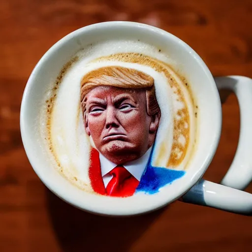 Image similar to donald trump as foam latte art, in coffee cup photorealistic