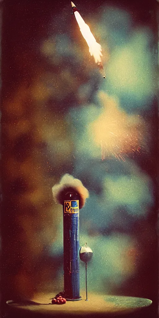 Image similar to kodak portra 4 0 0, wetplate, muted colors, blueberry, 1 9 1 0 s style, motion blur, photo of a launching rocket, backdrop, explosions, sparkling, by georges melies and by britt marling
