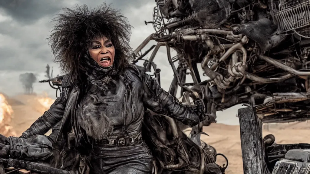 Image similar to tina turner in mad max with dirty ( hyperdetailed face ) riding a cyberpunk steam train, dystopian landscape, rail waggons, cyberpunk, hyperdetailed, 8 k, black smoke, oscar movie shot, cinematic