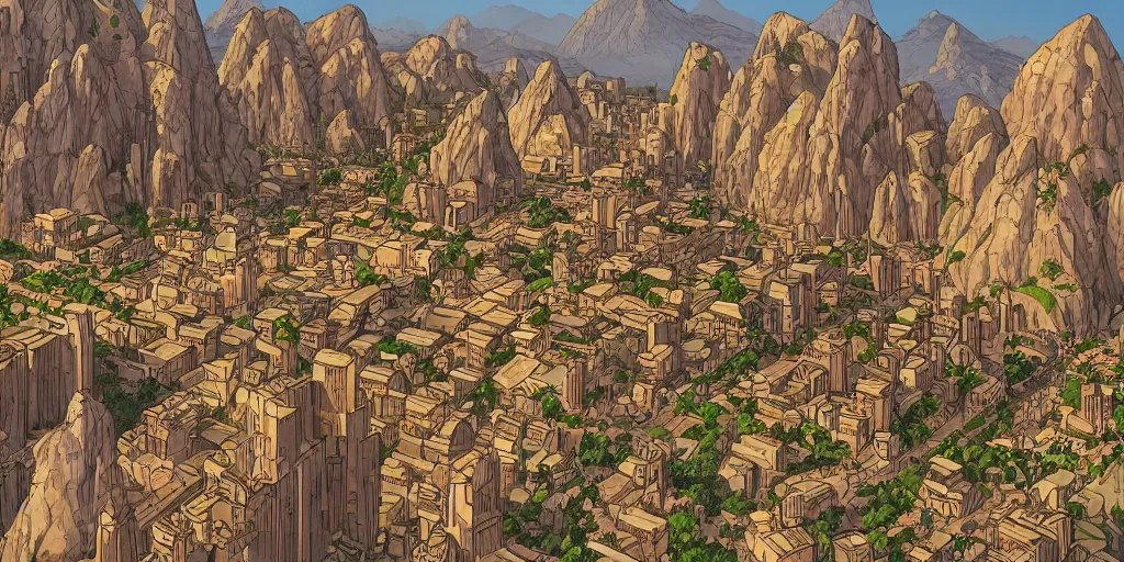 Image similar to an african city in a valley bordered by a white fortress on the mountains, three towers, comics art, cinematic volume lighting, 4k, illustration, epic scene, trending on artstation, art by ghibli moebius