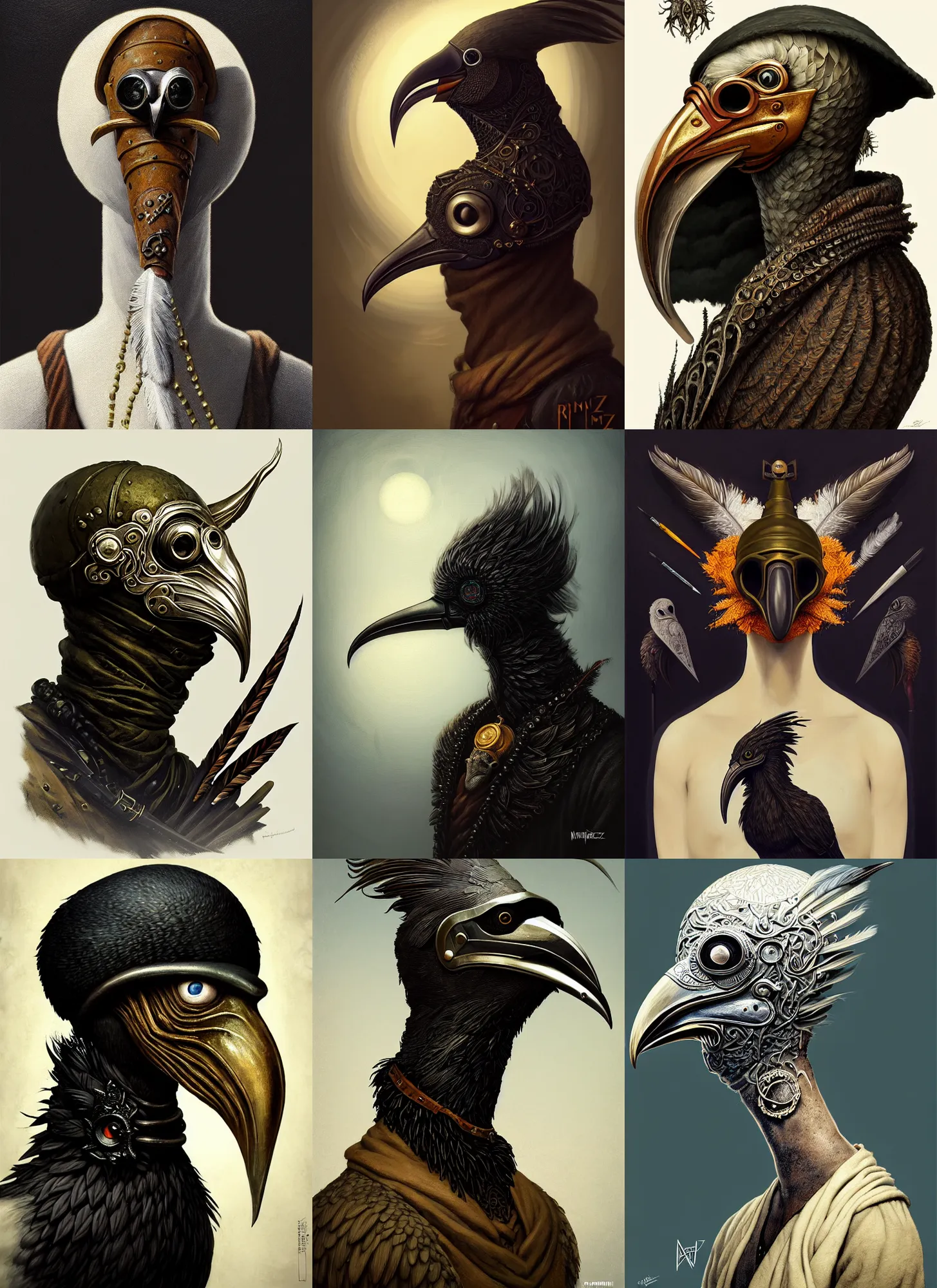 Prompt: rpg! profile! portrait of humanoid bird on white background, beak, feathers, plague doctor, beautiful clothes, lovecraftian, intricate, highly detailed, digital painting, artstation, concept art, smooth, sharp focus, illustration, art by norman rockwell emiliano ponzi andrey remnev yoann lossel aaron jasinski, 8 k