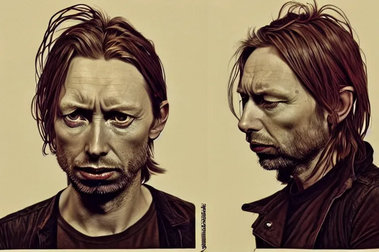 Image similar to hyper realistic portrait of thom yorke mixed with kurt cobain, bigger forehead, bigger chin, from the side, by lee bermejo, alphonse mucha and greg rutkowski