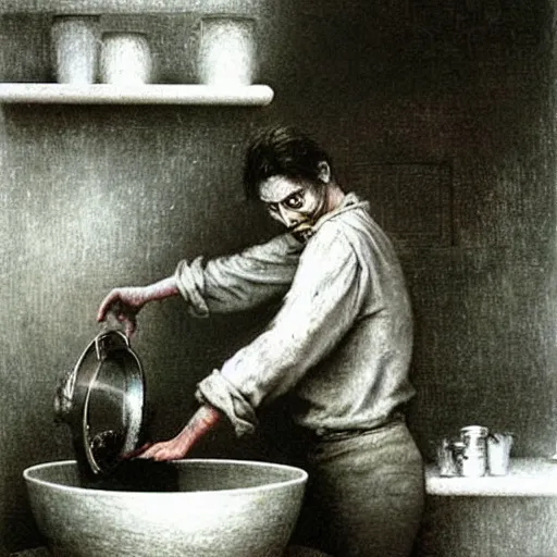 Image similar to Johny Depp washing dishes by Zdzislaw Beksinski