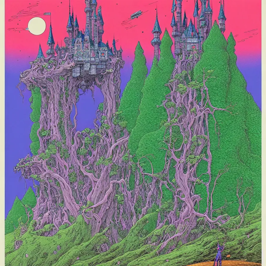 Prompt: ( ( ( ( a majestic castle at the end of a forest and an astronaut looking at it, with decorative frame design ) ) ) ) by mœbius!!!!!!!!!!!!!!!!!!!!!!!!!!!, overdetailed art, colorful, artistic record jacket design